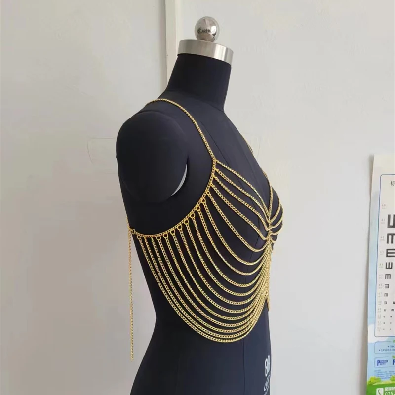 Gold-Silber Mehrschichtige Kettenhemd-Bluse für Damen, Sexy Offene Vorderseite, Kurzes Oberteil für Strand, Party, Clubwear, Gothic-Mode, Sommer 2026 – Detail 4