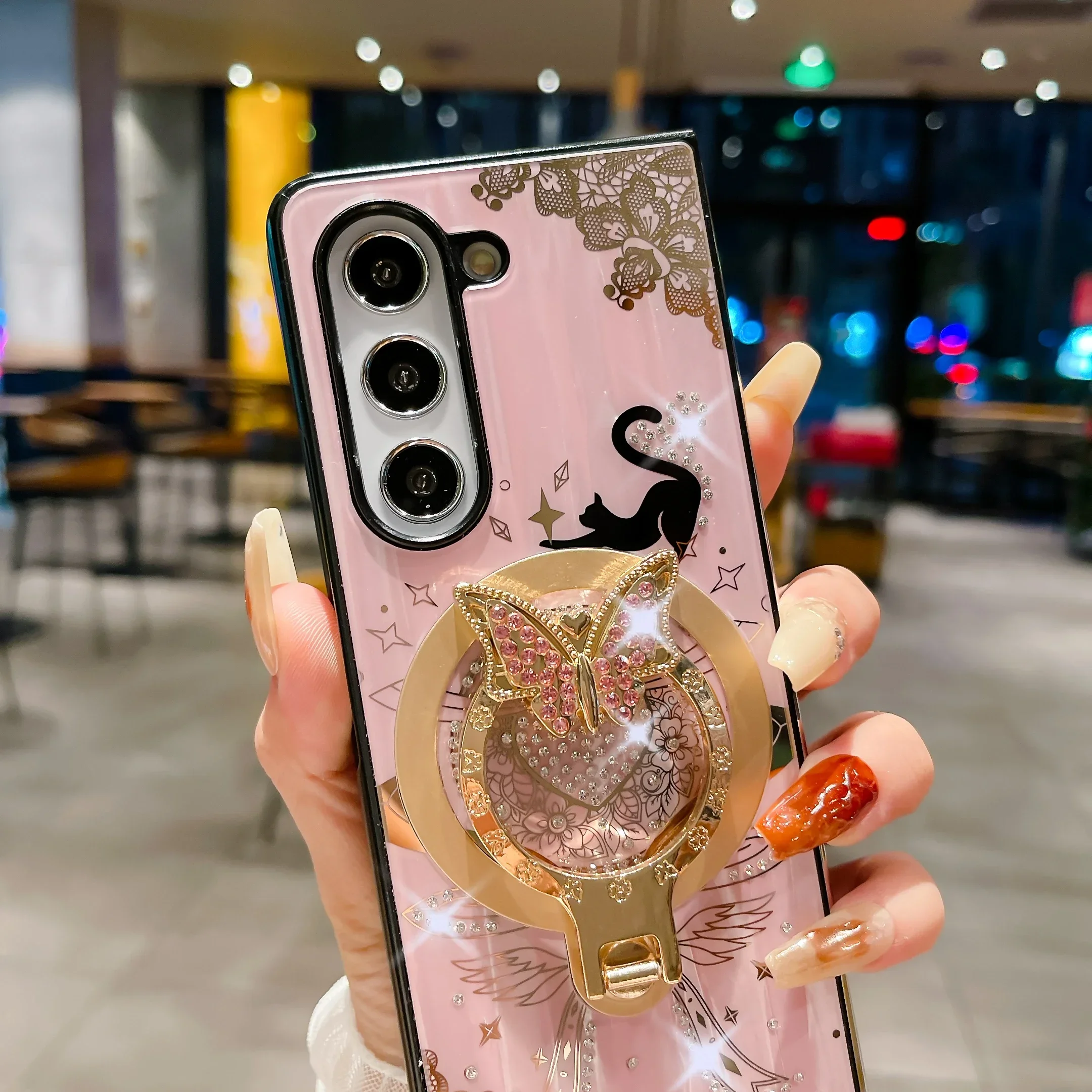 Luxus-Hülle mit Perlenband und Blumen-Magnetringhalter für Samsung Galaxy Z Fold 6 5 4 5G, kabelloses Laden, faltbare Telefonhülle_voghion.com
