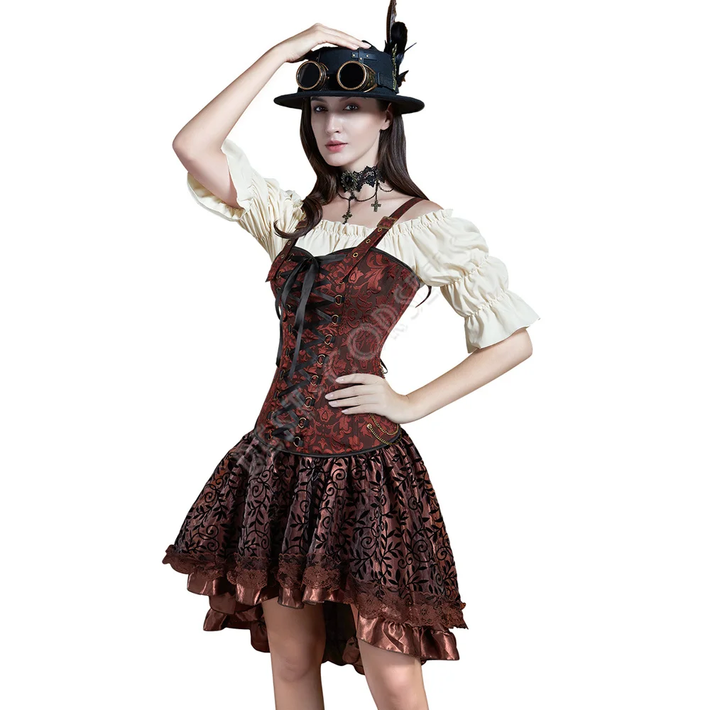 Brown Pirate Corset Dress Steampunk Leather Overbust Corset Top