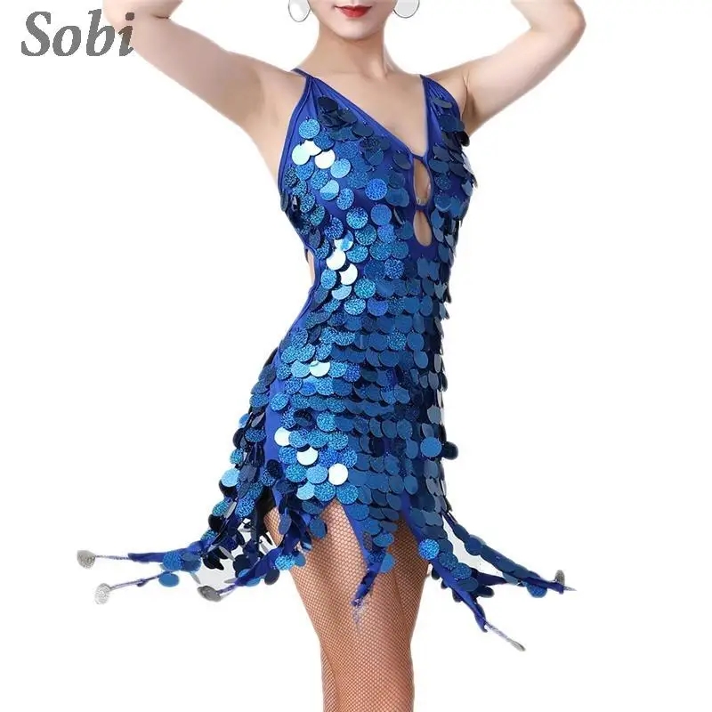 

Женское блестящее платье для латиноамериканских танцев, танцевальный наряд ручной работы с блестками и бахромой, одежда для профессиональных выступлений для латиноамериканских танцев