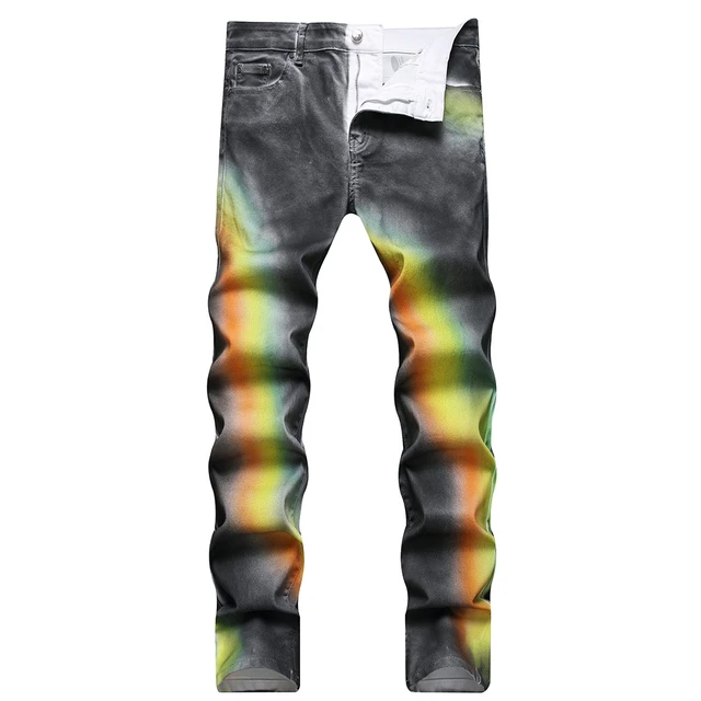 Men Rainbow Print Stretch Denim Jeans Fashion Y2K Fancy Color Painted  Cotton Pants Plus Size Slim Straight Trousers - AliExpress