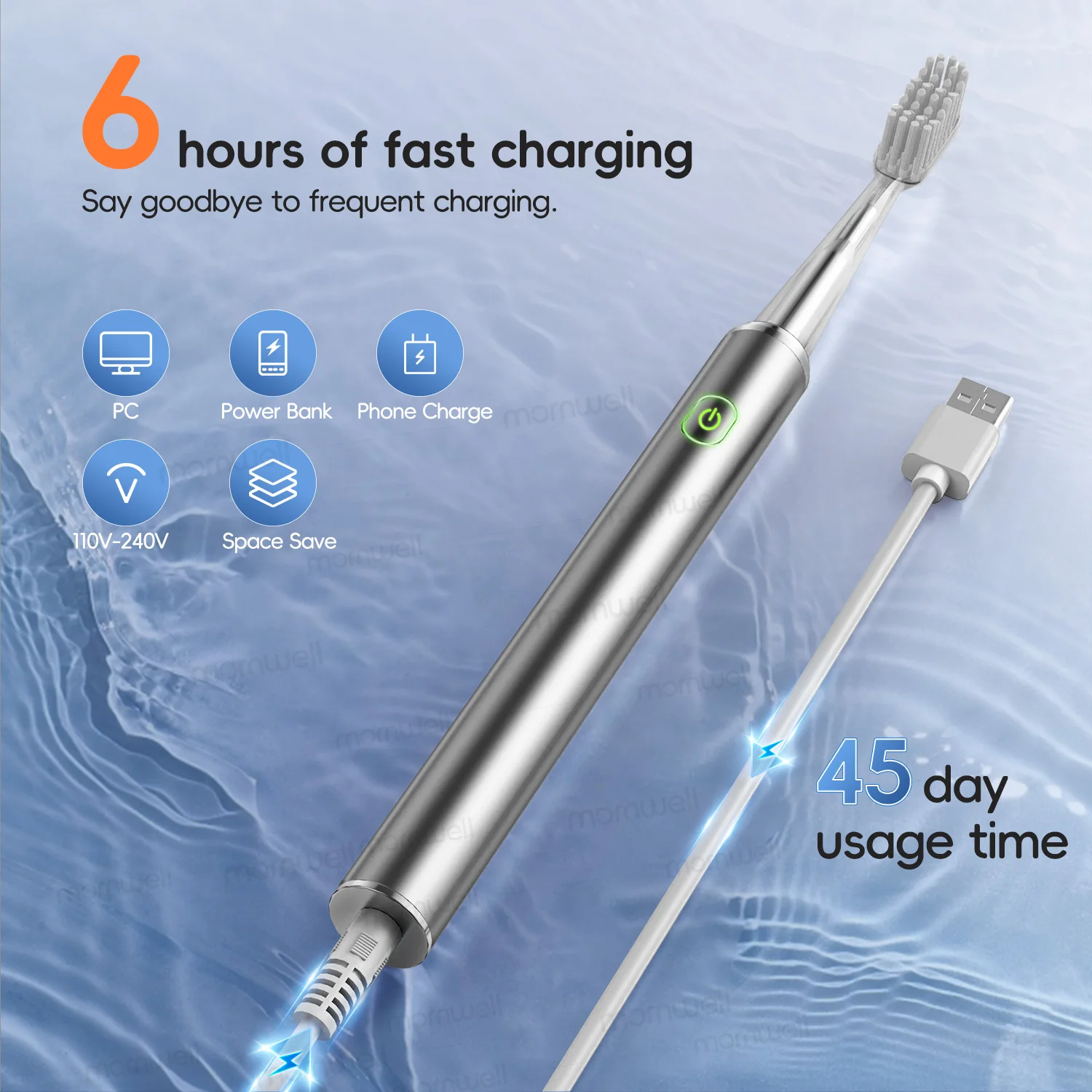 Women's Electric Toothbrush with DuPont Bristles - Elegant Design, 4 Brush Heads, Waterproof