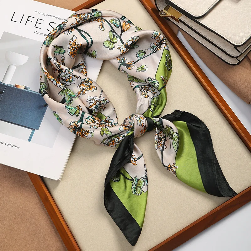 70 cm Yeşil Çiçek Kelebek Eşarp kadın Taklit Ipek Taze ve Çok Yönlü Ince Ipek Scarveshigh-end Başörtüsü Boyun Eşarp