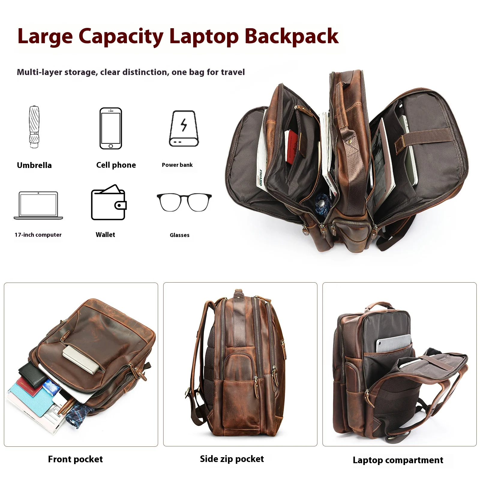 New Crazy Horse Leather Men's Backpack High Capacity 17 Inches Laptop Bag Vintage Style