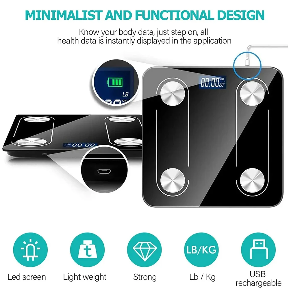 Bilancia elettronica intelligente per bagno, con analizzatore di massa grassa corporea, BMI e app mobile Bluetooth, per uso domestico, BMI e misurazione accurata del BMI._voghion.com