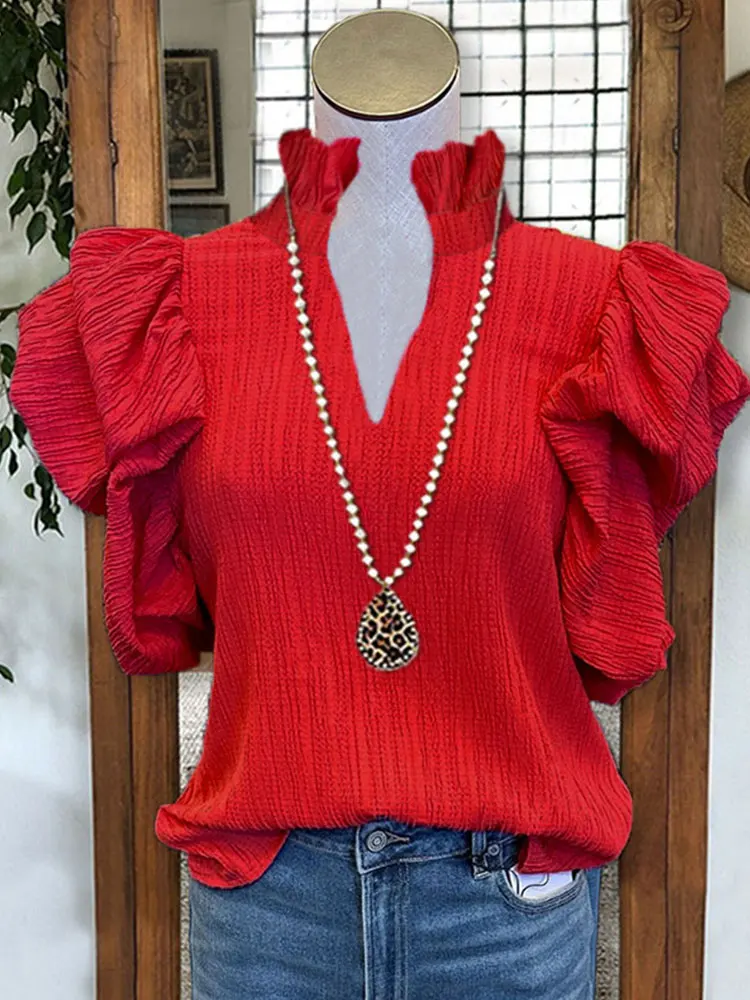 

Textured Puff Sleeve Ruffled V-neck Top Solid Ribbed T-Shirt Casual Puff Sleeve Blouses For Spring & Summer