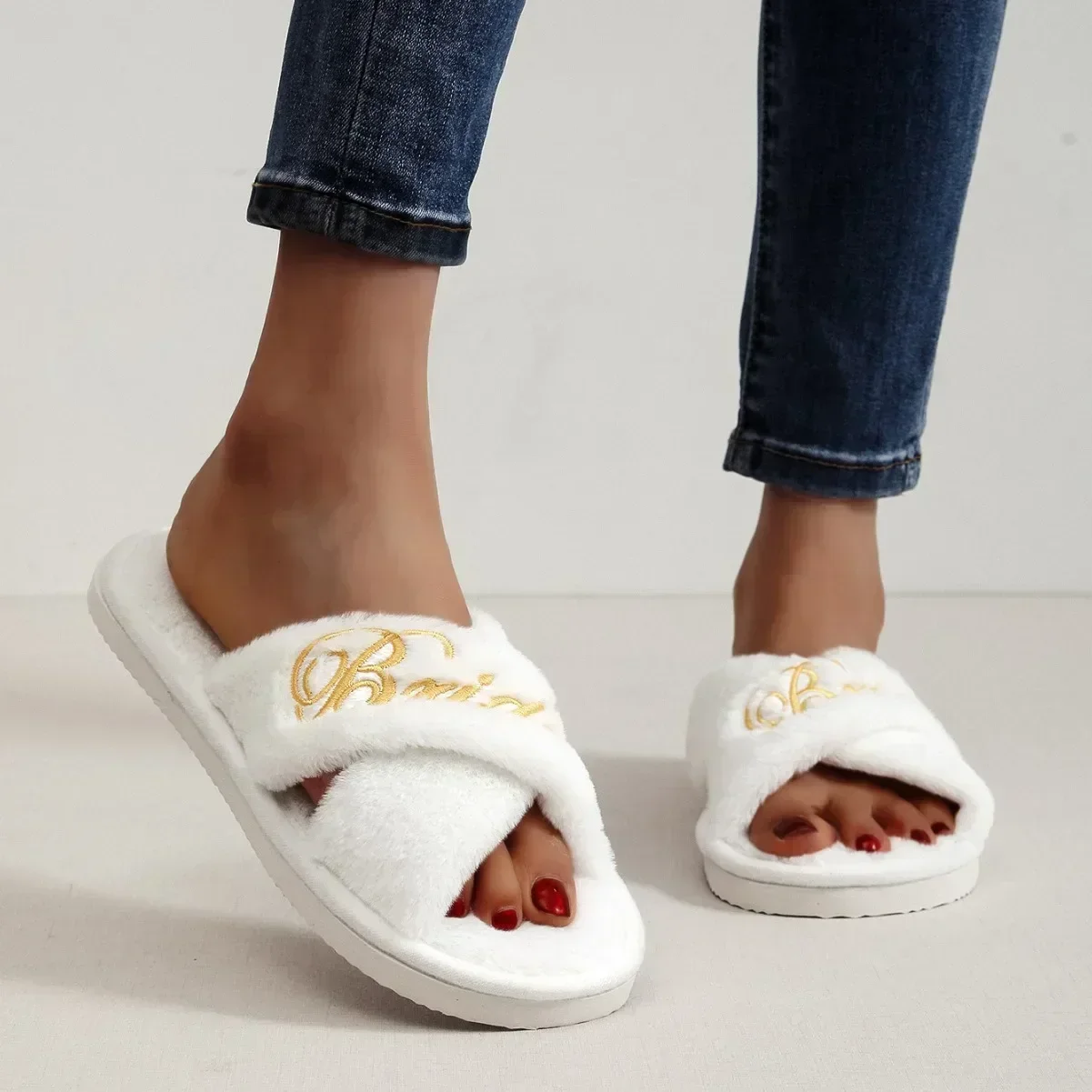 Bride Embroidered Plush Slippers Wedding Supplies Women Honeymoon Shoes Creative Bridesmaid Romantic Gifts Wedding Photo Props 3