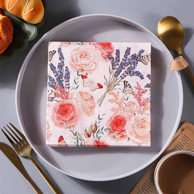 20pcs/pack Flower Printed Decoupage Disposable Napkin Paper Tissue Wedding Party Table Supplies Decoration disposable tableware,paper napkins