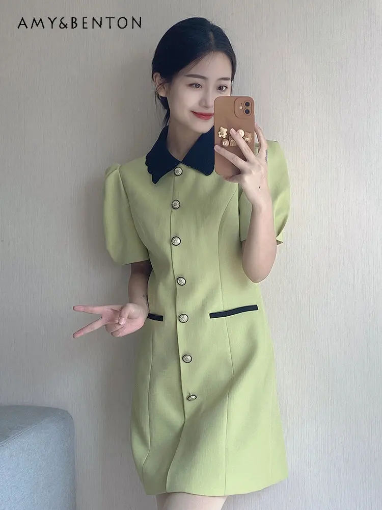 

Puff Short Sleeve Fashionable Mid-Length Single-Brewed Dress Summer New Slim Fit Solid Color Stitching Dress for Women