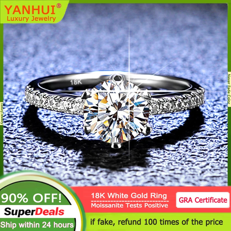 

100% Certified VVS 1 Carat Moissanite Diamond Engagement Rings Women Real 18K White Gold Rings Bridal Wedding Band Gift Jewelry