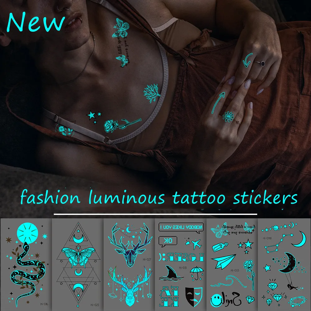 Blue Luminous Tattoo Sticker Women Arm Face Glowing Tattoo Body Art Tattoo Snake Butterfly Electric Syllable Party Tattoo New