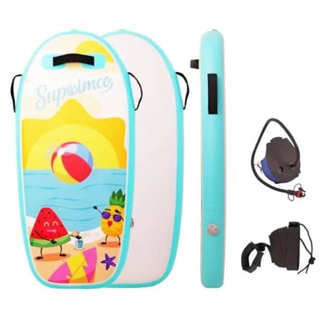Inflatable Boogie Board for beach pool use, PVC core material, blue color, lightweight and foldable with wrist straps