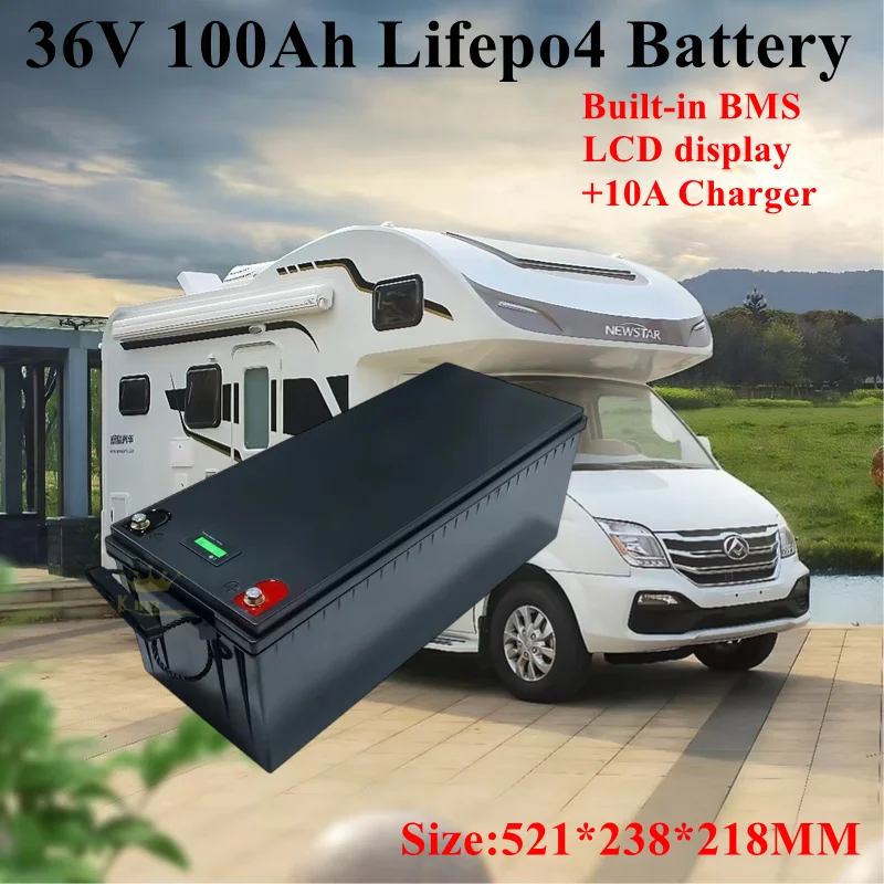 แบตเตอรี่ลิเธียม 36V 100Ah Lifepo4 พร้อม BMS1800W 3600W สำหรับรถกอล์ฟ ระบบพลังงานแสงอาทิตย์ มอเตอร์ลากเรือ+ เครื่องชาร์จ 43.8V 10A 1