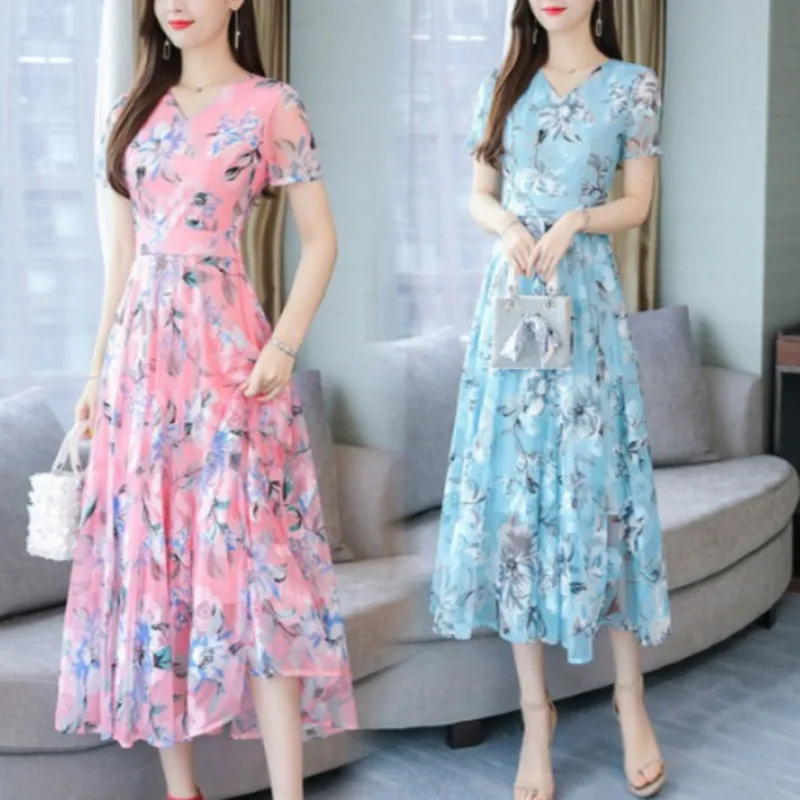 New Summer Women Chiffon Printed Dress V-neck Long Slim Dress Korean Version Plus Size Vacation Beach Female Clothes