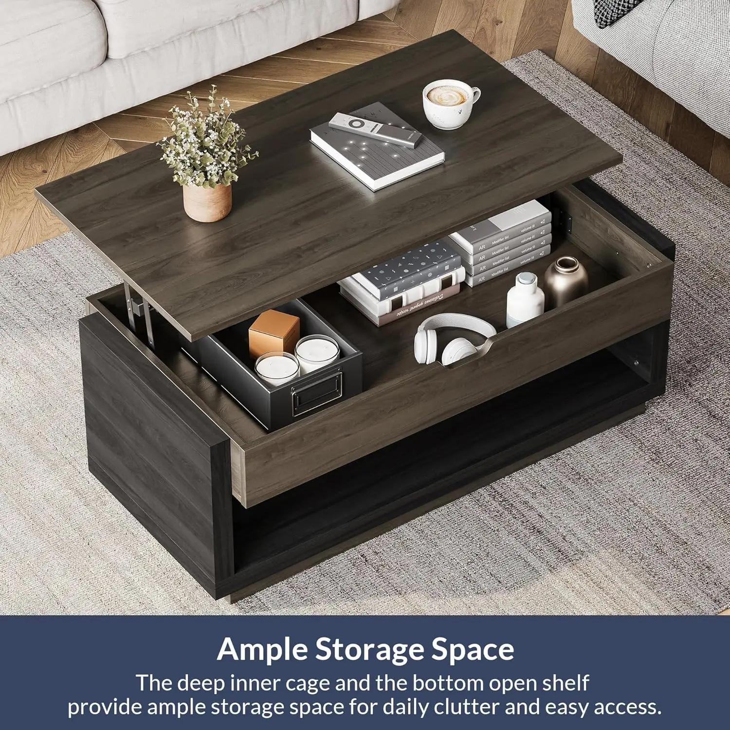 Coffee Table, Lift Top Coffee Table with Hidden Compartment and Open Storage Shelf, Central Table for Living Room 6