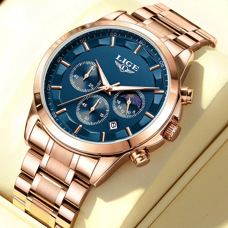 LIGE Sport Watch for Men Rose Gold Stainless Steel Waterproof Luminous Men's Watch Fashion 24 Hour Moon Phase Quartz Chronograph