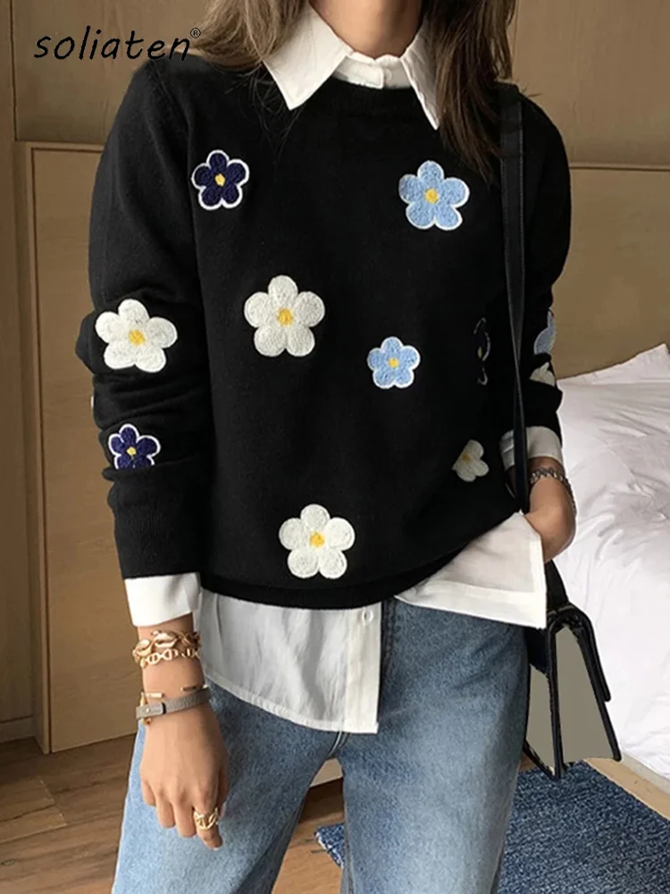 

Korean Floral Emobroidery Pullover Sweater High Quality Women Elegant O Neck Knitted Tops C-089