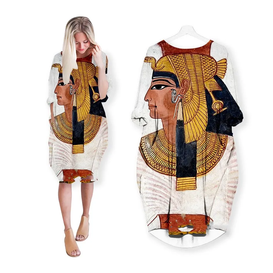 

3d Print Egyptians Dresses Fashion Casual Dress Plus Size Women Clothing Pocket Long Sleeve Fat Sister Top Shirt Summer
