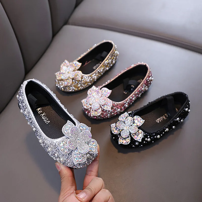 New Children Sequins Leather Shoes Baby Kids Party Princess Shoes Girls Glitter Bowknot Flat J388