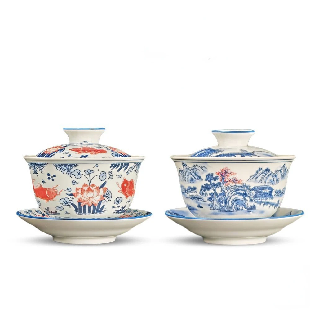 Jingdezhen-Blue and White Ceramic Teacups Gaiwan Household Tea Making Tureen High End Tea Bowl Teapot and Cups Porcelain