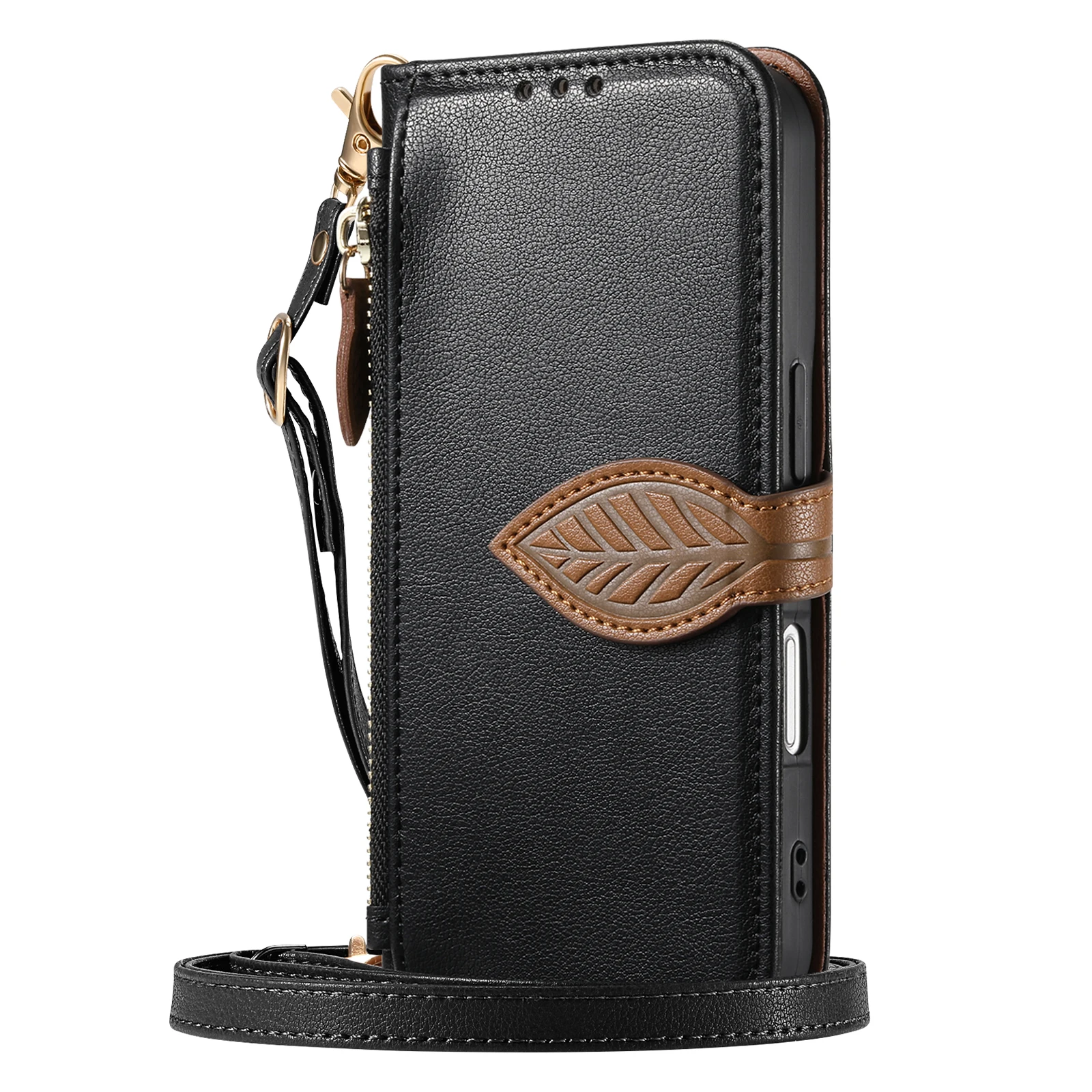 Leaf Buckle Leather Crossbody Lanyard Wallet Phone Case