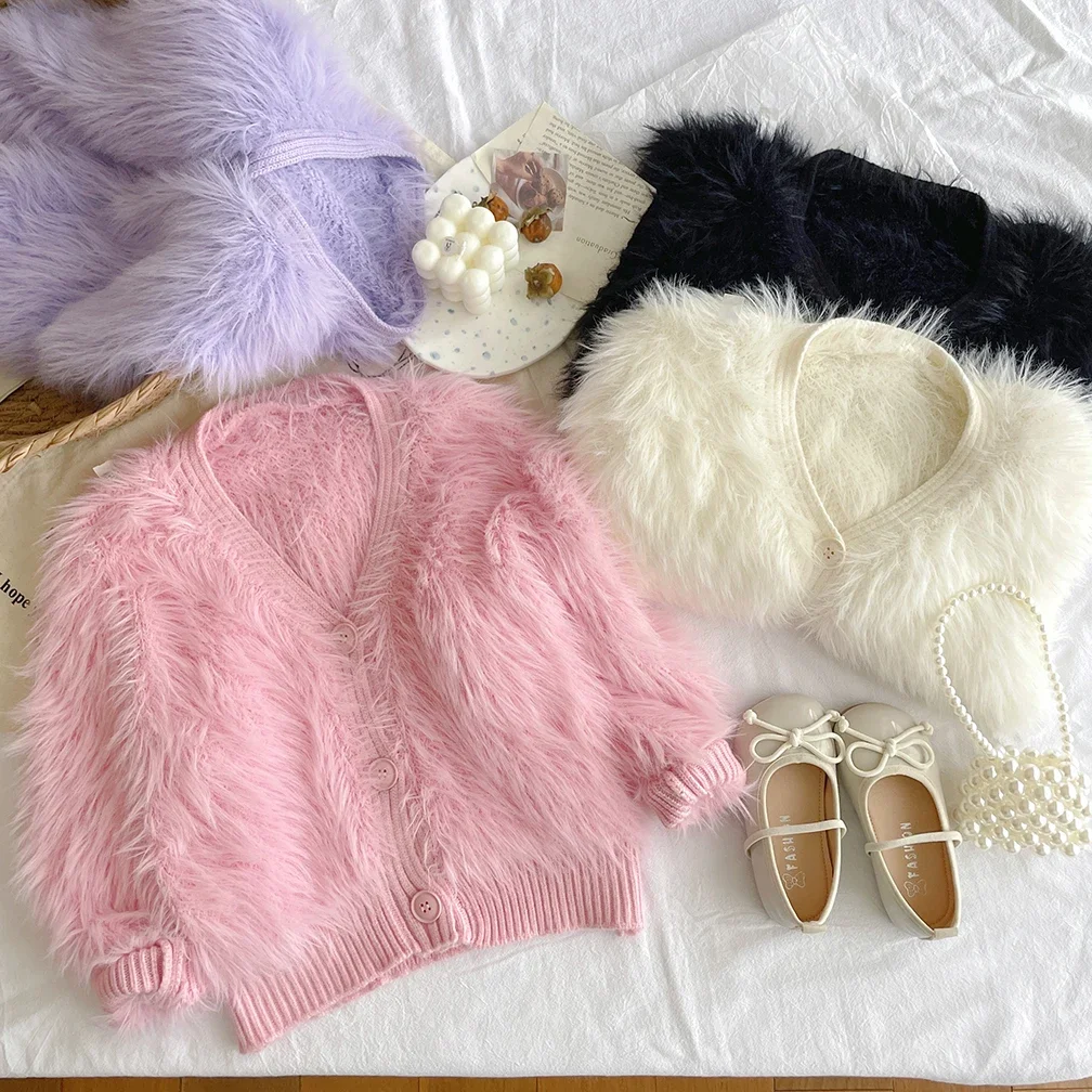 

Girls Furry Knitting Cardigan Coats Children Winter Fur Clothing Baby Girl Sweet Fur Sweaters Single Breasted Knitted Jackets