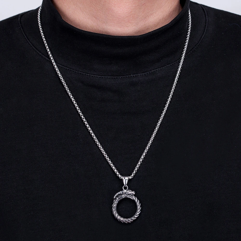 Hip Hop Rock Circular Ring Dragon Necklace For Men Vintage Stainless Steel Chain Silver Color Neck Hippie Jewelry Women Gifts