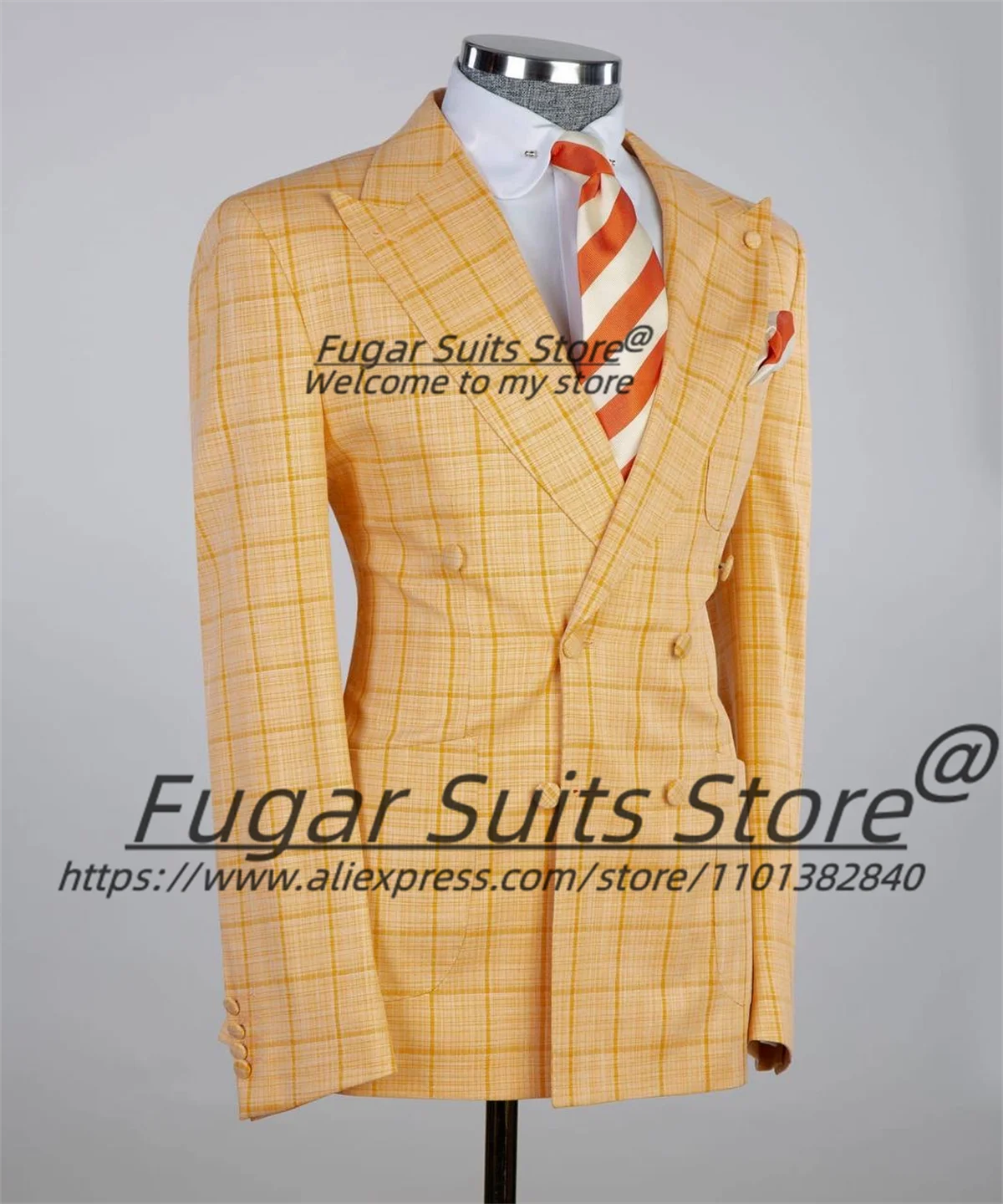 Business Yellow Plaid Men Suits 2 Pieces Slim Fit Double Breasted Groom Tuxedos