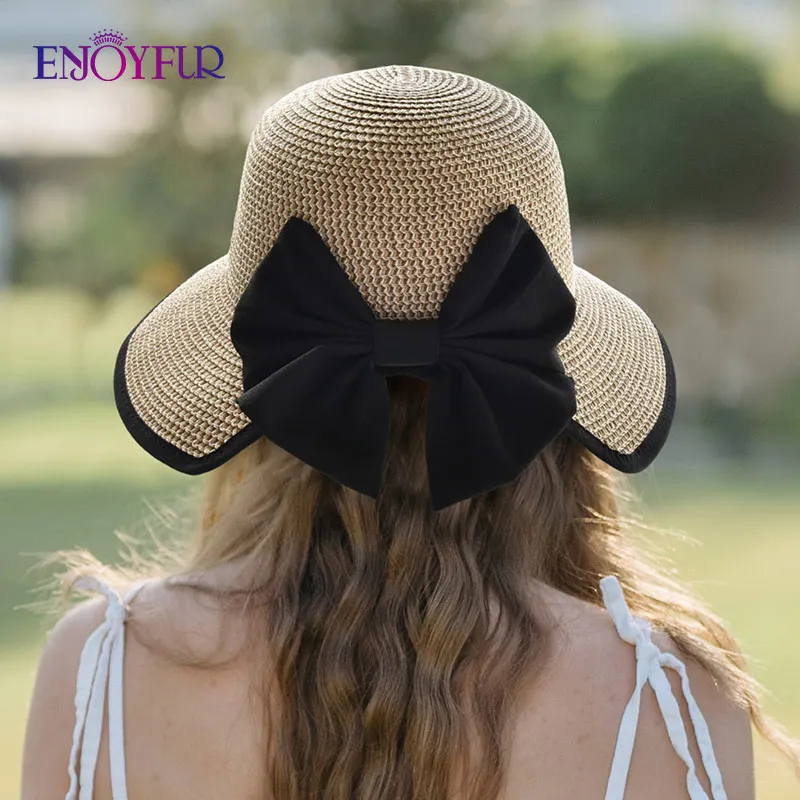 Summer Sun Straw Hats for Women Wide Brim Ribbon Bow Beach Hat Female Fashion UV UPF Sun Protection Hats for Travel beach hat women sun hat