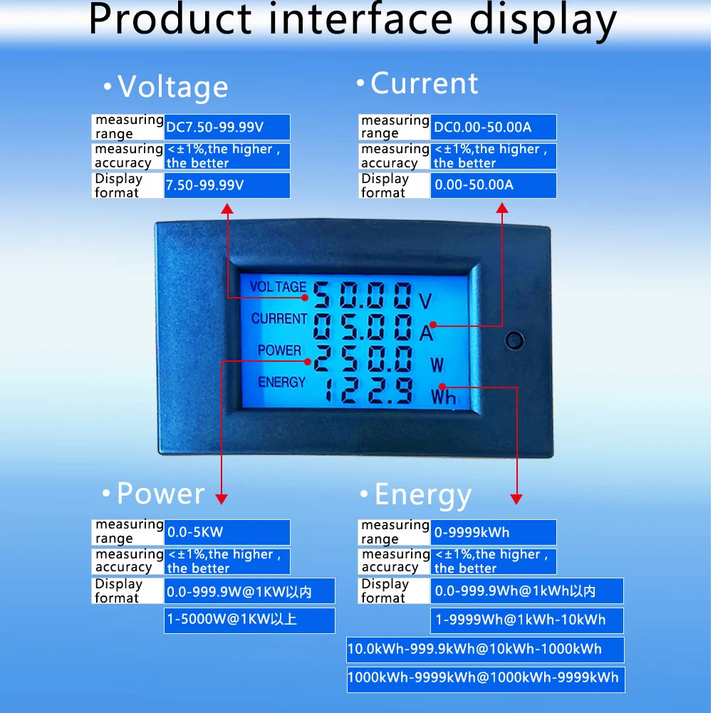 DC 7.5-100V 20A/50A/100A LCD 디스플레이 디지털 전류 전압 전력 에너지 미터 멀티 미터 전류계 전압계 션트 포함