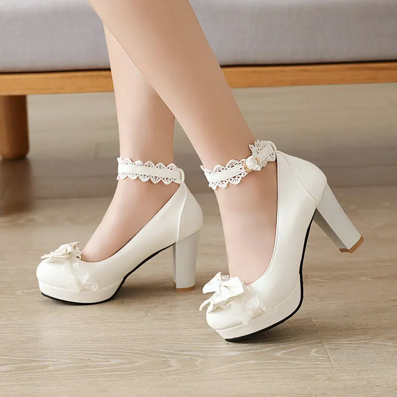Summer 2023 Ladies Heels Platform Cute Bow Lace Princess Mary Jane Lolita Shoes Party High Heel Buckle Women Pumps Girls Sweet