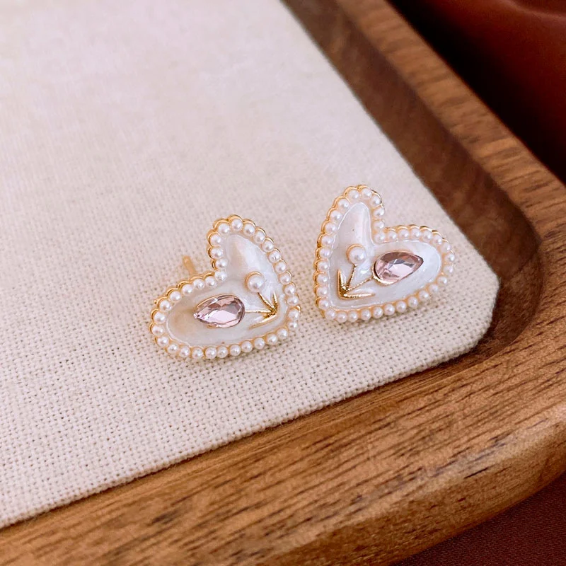 Heart Love Earrings - Minimalist White & Green Graffiti Glaze Studs