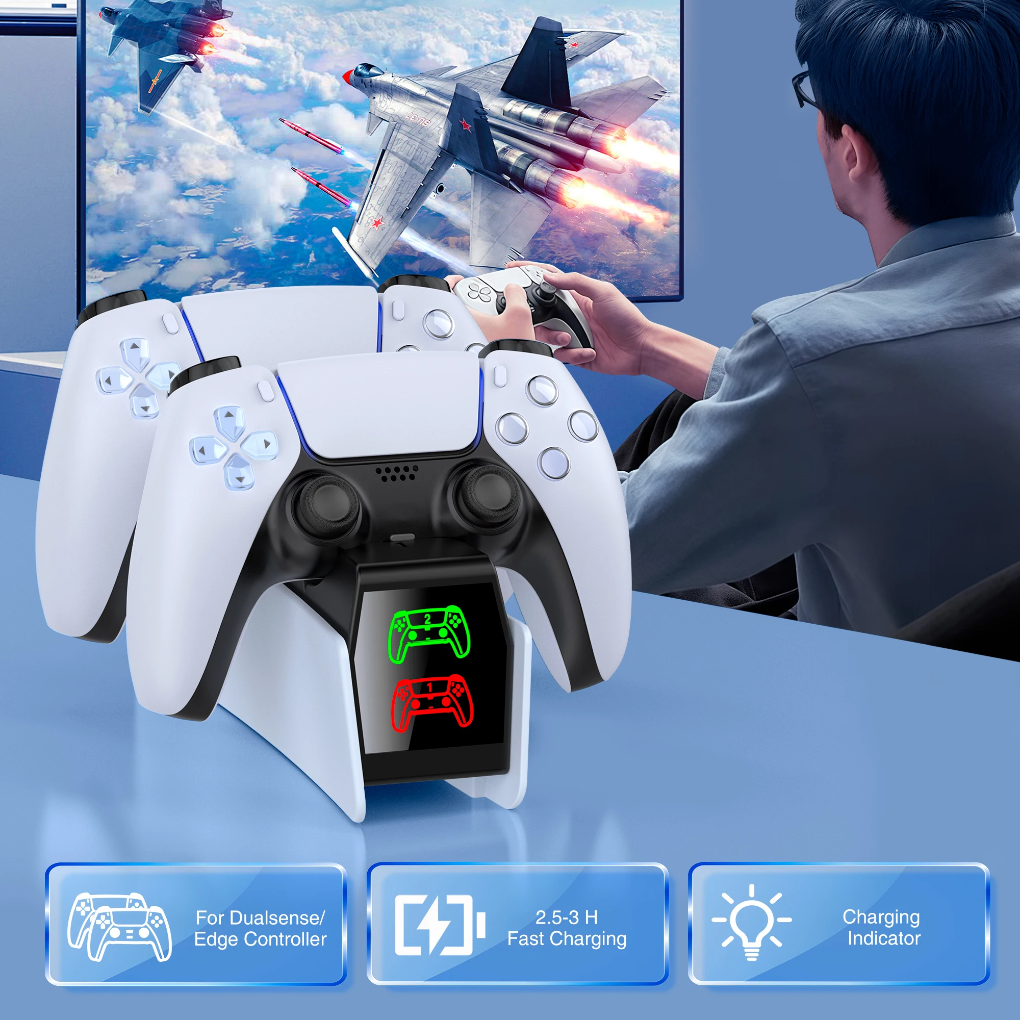 PS5 컨트롤러용 DinoFire FC304 충전 스테이션, 듀얼센스 2개용 듀얼 고속 충전 도크, 타입-C, LED 표시등, 게임용 스탠드