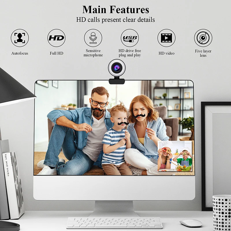2K Webcam LED Fill Light 1080P Full HD Web Camera With Microphone Live Broadcast For Youtube PC Laptop Video Calling