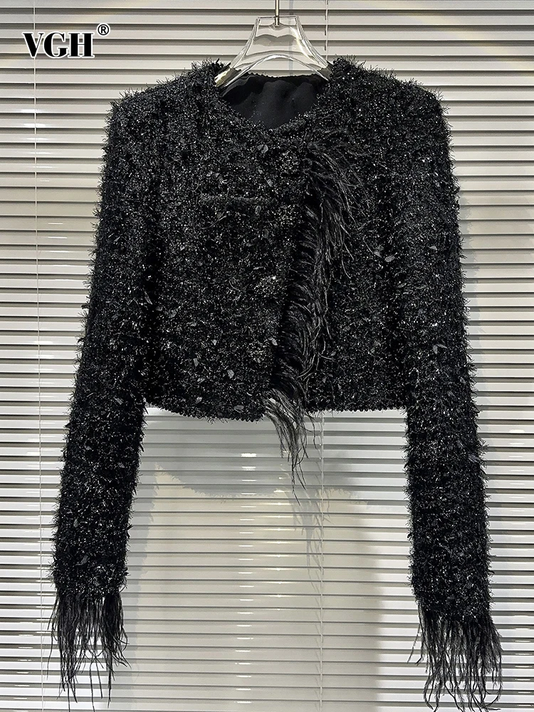 

VGH Solid Patchwork Feather Casual Coat For Women Round Neck Long Sleeve Spliced Single Breasted Temperament Coats Female New