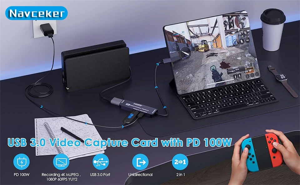 USB 3.0 Video Capture Card With 100W PD For Meta Quest 3 iPad HDMI to USB/Type-c