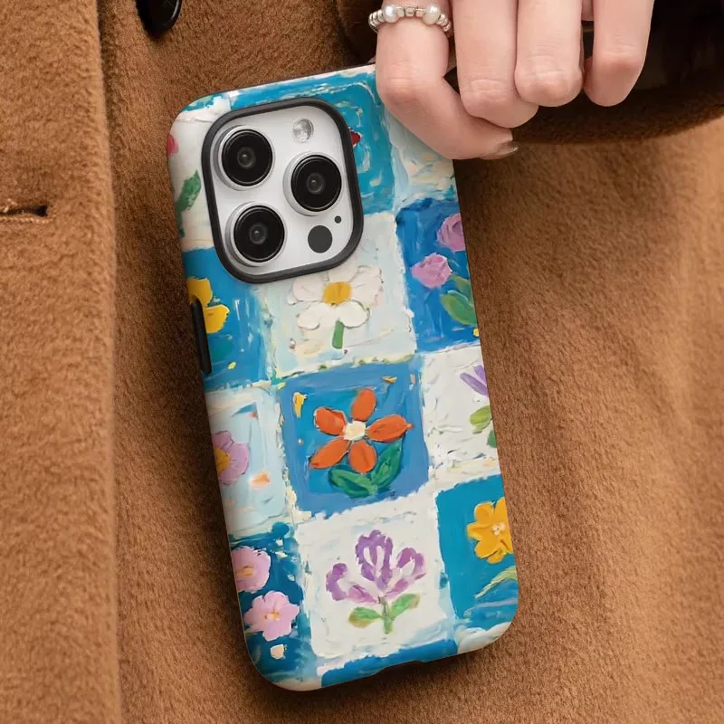 Elegant Floral Matte Grid Shockproof Phone Case with 2-in-1 Design