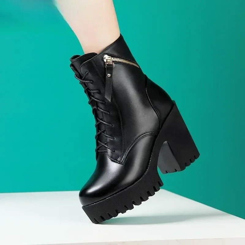 8 10cm Small Size 32-43 British Genuine Leather Shoes Women's Motorcycle Boots 2024 Fall Winter Block High Heels Ankle Boots