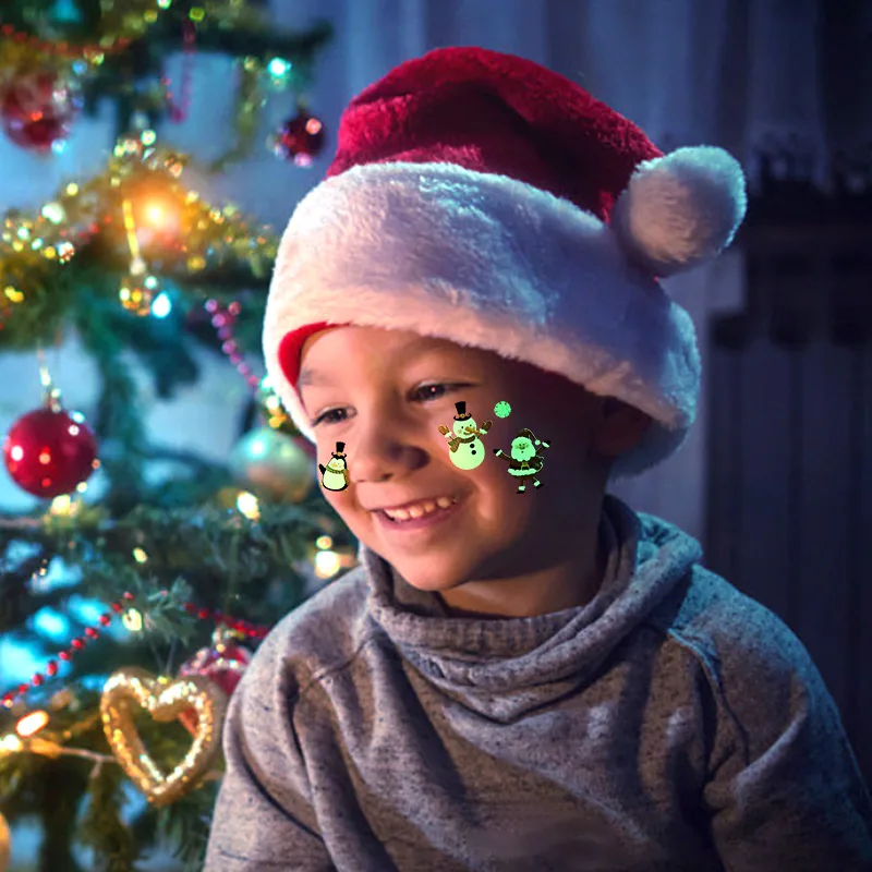 10Sheets Christmas Cartoon Pattern Tattoo Sticker Snowman Christmas Patterns Waterproof Night Light Temporary Tattoos Xmas Decor