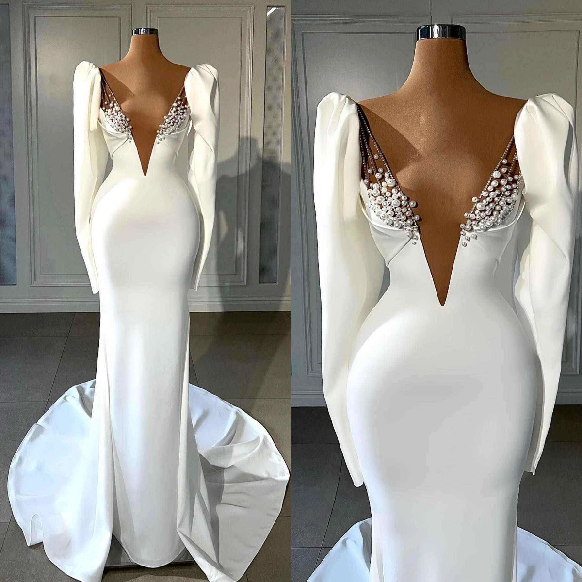 

Simple Style Mermaid Gown Wedding Dresses Deep-V Neck Pearls Long Sleeve Bridal Sweep Train Gowns Big Size Custom Size Colour