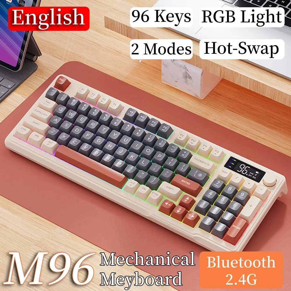 M96 2.4G 블루투스 무선 키보드, 기계식 게임용 키보드, 전자 스크린, 듀얼 모드 연결, 인체 공학 키보드