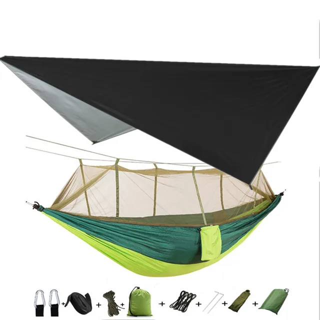 Lightweight Portable Camping Hammock and Tent Awning Rain Fly Tarp Waterproof Mosquito Net Hammock Canopy 210T Nylon Hammocks Black and Lightgreen