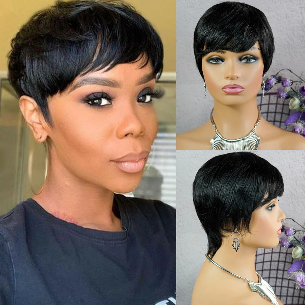 

Short Pixie Cut Wigs Black 100% Remy Bob Human Hair for Women Afro Machine Made Human Hair Natural Black Layered Wig with Bangs