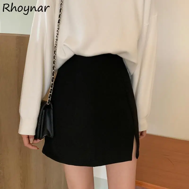 

Skirts Women Side-slit Simple All-match Leisure College Daily Trendy Attractive Slimming Korean Spring Students Streetwear Chic