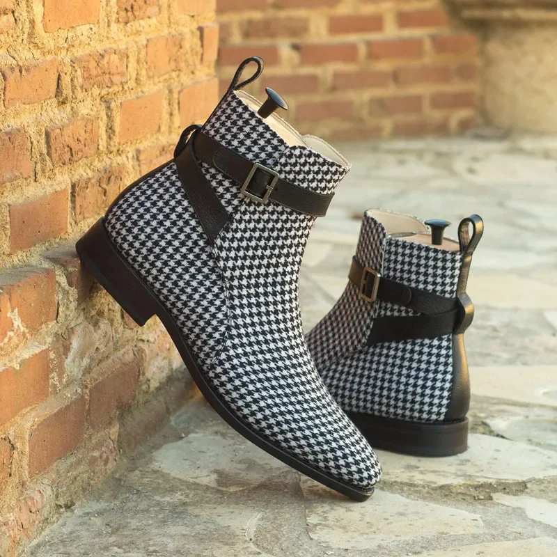 Ankle Boots for Men Business Plaid Buckle Strap Pu Leather Cowboy Boots Chelsea Men