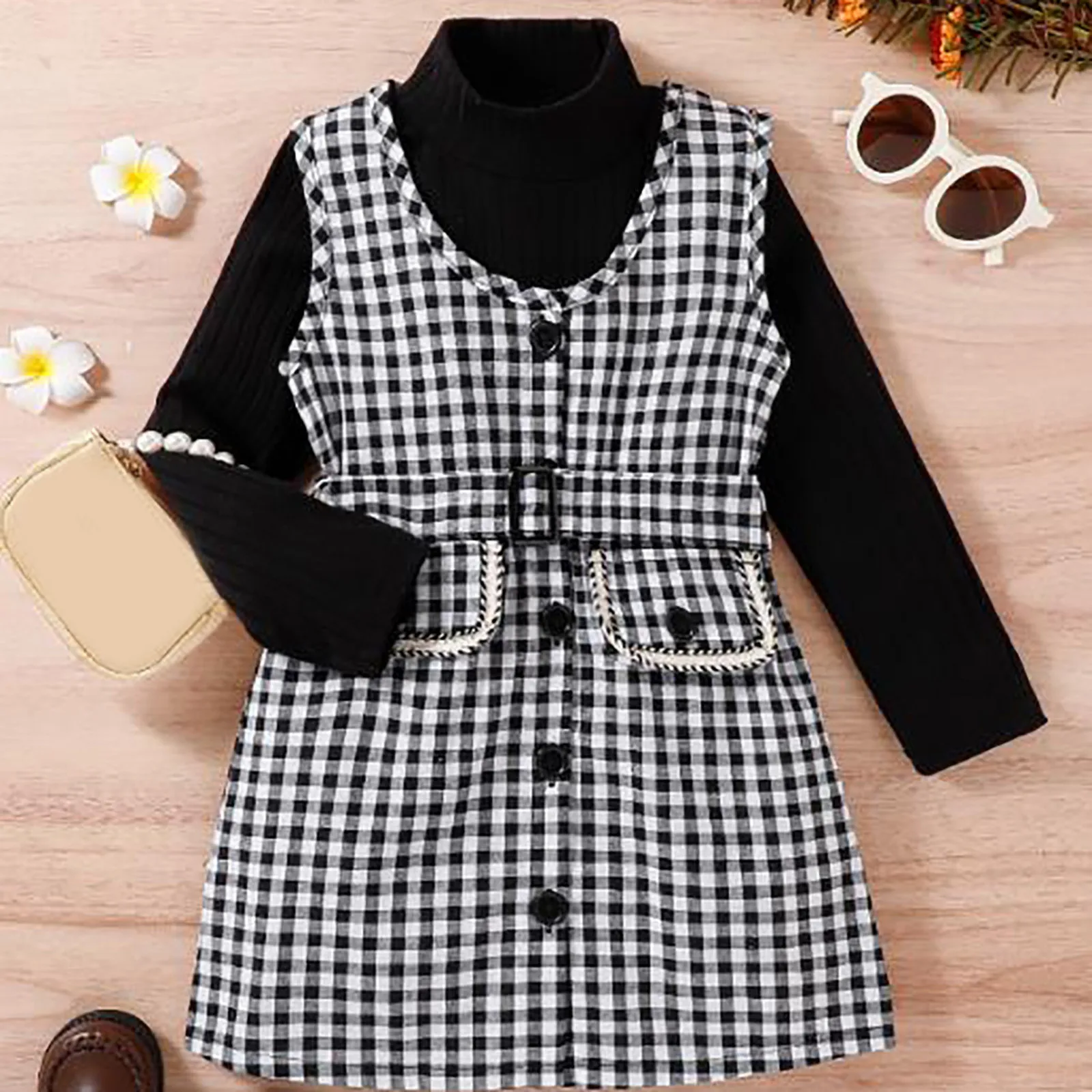 

Children Girls 3Pcs Dress Outfits Autumn Winter Long Sleeve Ribbed Tops+Plaid Princess Dress With Belt Fashion Kids Clothes Suit