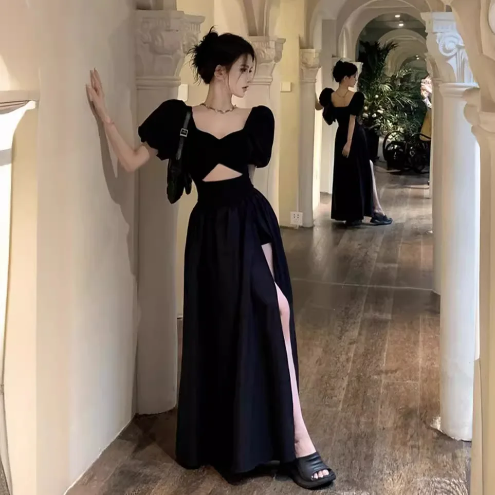 

Платье-макси в стиле Хепберн женское, длинное пикантное платье с квадратным вырезом и брюками с защитой от экспозиции, в стиле ретро, на лето