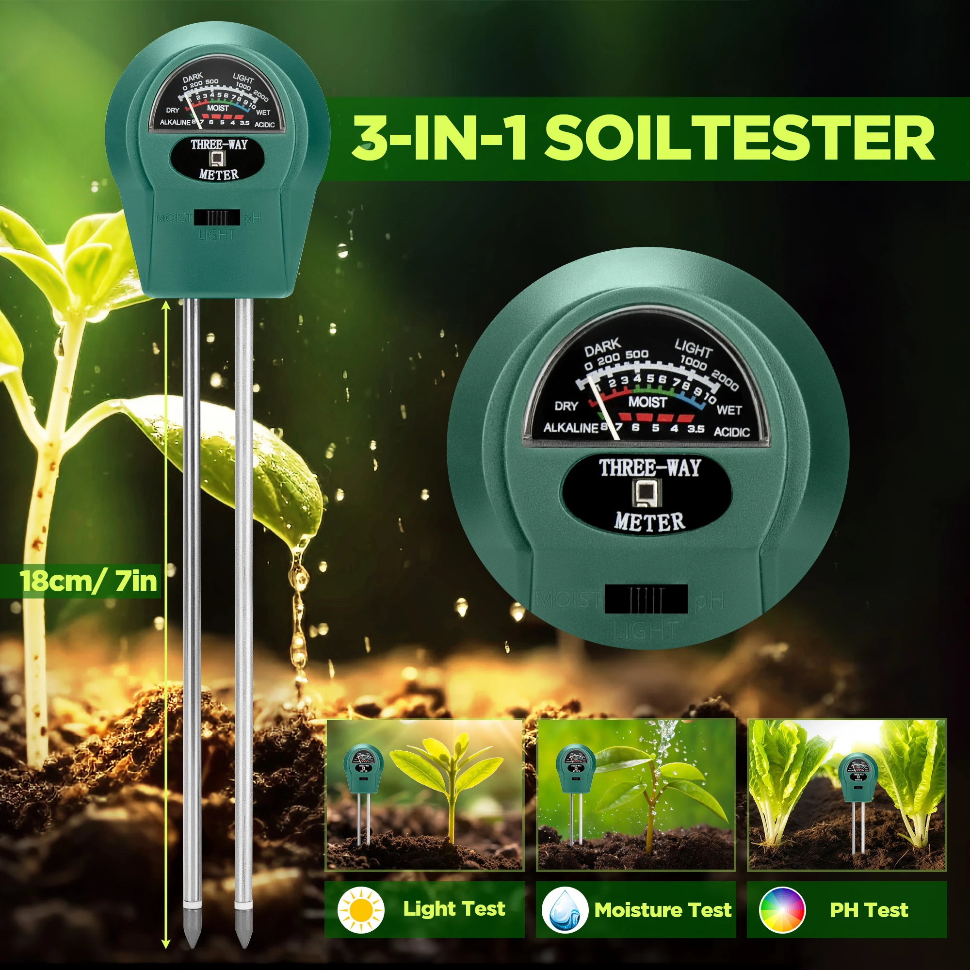 3 in 1 Soil pH Tester Sunlight PH Tester Garden Flowers Soil Moisture Sensor Meter Plants Acidity Humidity PH Monitor Detector soil moisture sensor,soil tester