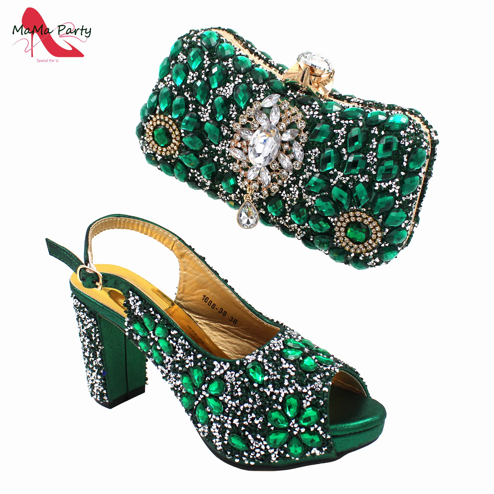 

Spring New Arrivals Hot Sale INS Design Italian Women Shoes Matching Bag in Green Color Decorate with Crystal for Party