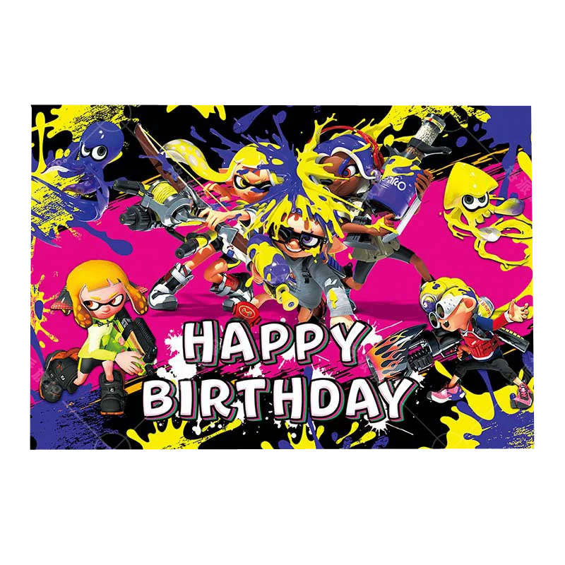 Jogo de tiro splatoons feliz aniversário festa decoração polvo látex balão  banner bolo topper festa supplise